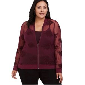 Torrid Burgundy Floral Embroidered Mesh Bomber Jacket